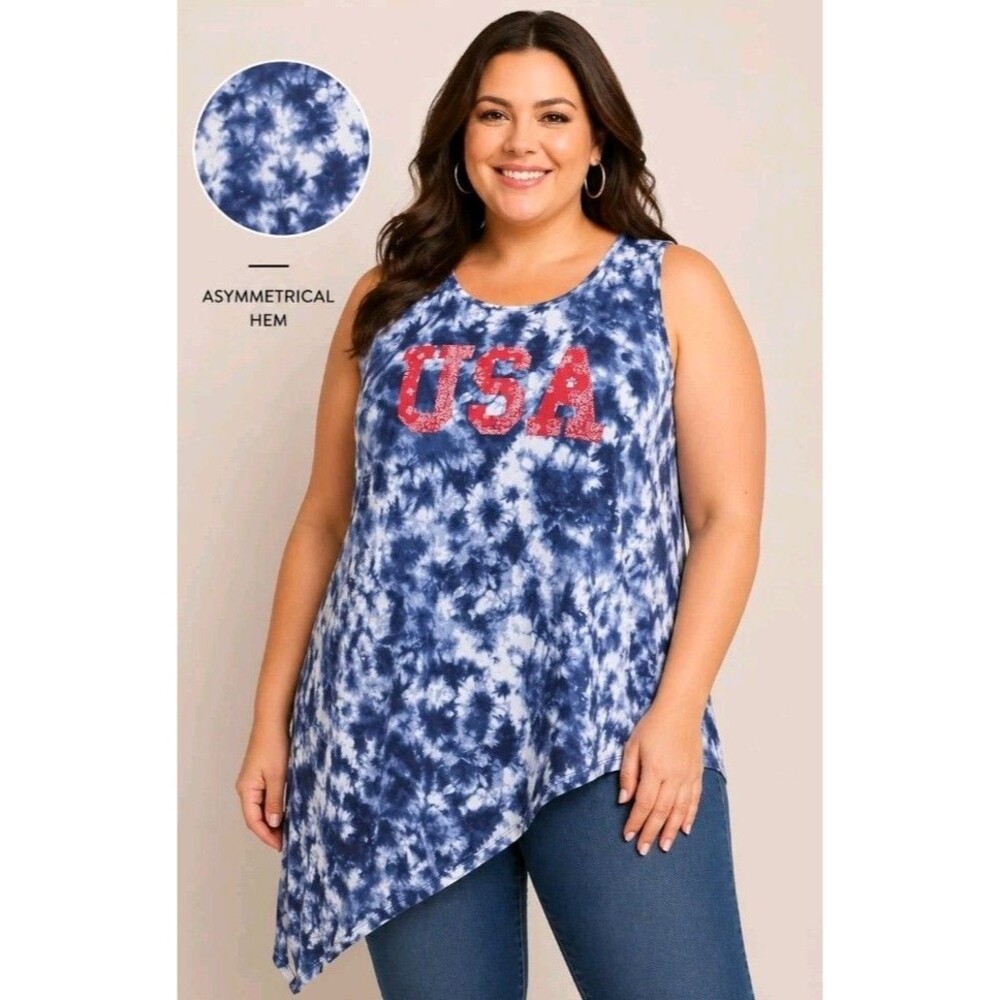 LANE BRYANT Women 22/24 Tye Dye USA Bandana Asymmetrical Tank Top Red White Blue